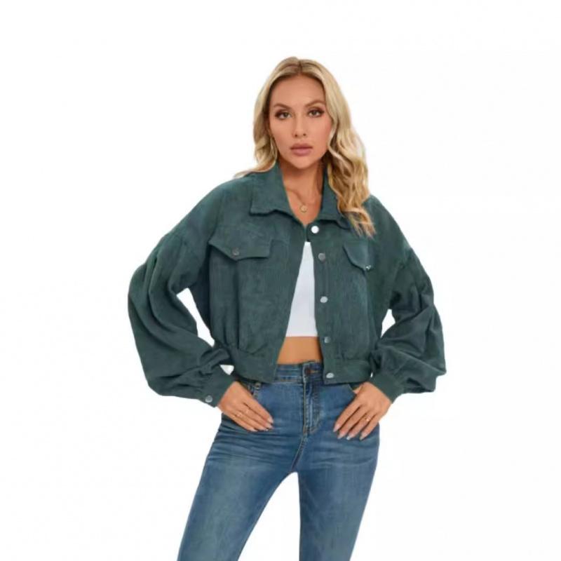 European and American Style Autumn Winter Casual Corduroy Jacket with Lantern Sleeves and Single Breasted Short Coat for Women