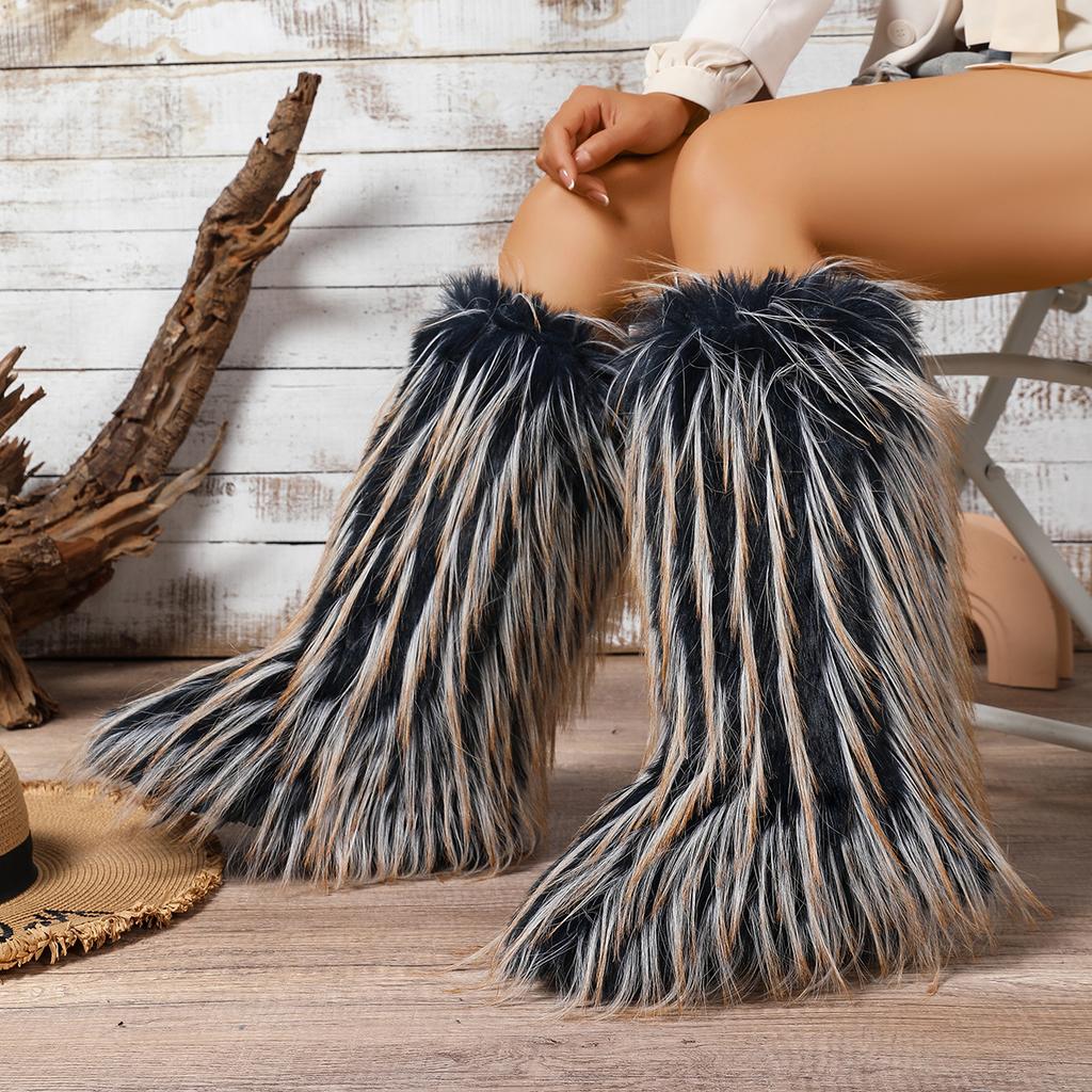 Women Flats Boots for Children Winter Warmth Thickness Anti Slip Shibuya Hairy Boots Mid Length Personalized Fashion Boots 2025