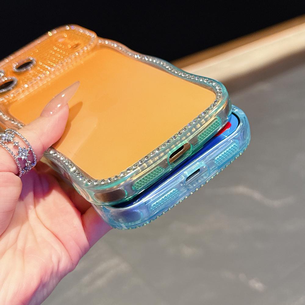 KEYSION Rhinestone Phone Case for iPhone 13 14 15 16 17 Pro Max 17 Air 16 Plus Transparent Wavy Lens Protector Shockproof Back Cover