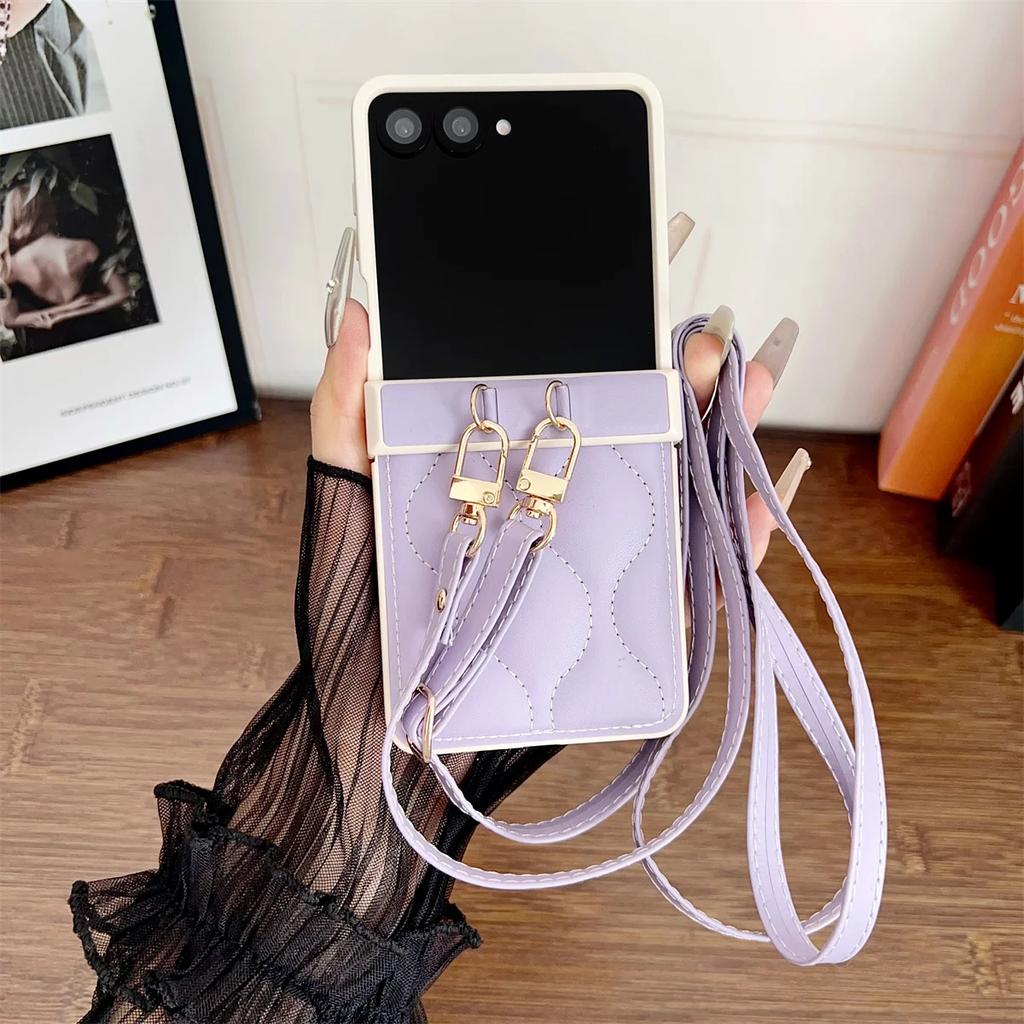 Leather Crossbody Lanyard Rope Phone Case for Samsung Galaxy Z Flip 3 4 5 6 7 Flip7 FE ZFlip7 Flip6 Shockproof Protective Cover