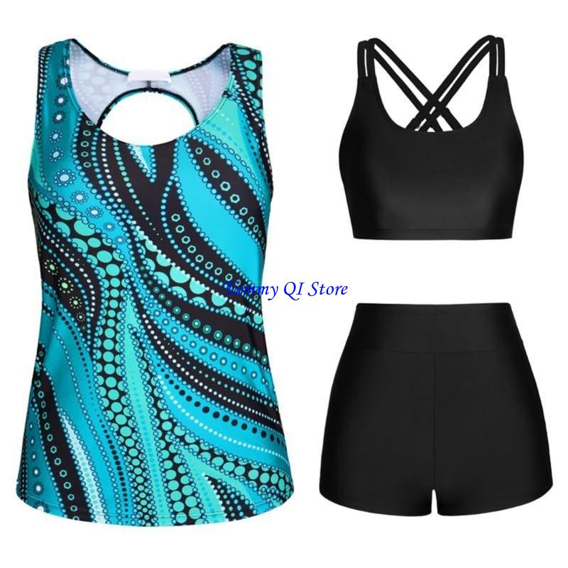 F1FD Women Flowers Print Bathing Suit 3 Pcs Split Swimwear Tankini Swimsuit Swimming Costume Set Ladies Sports Swimwear S