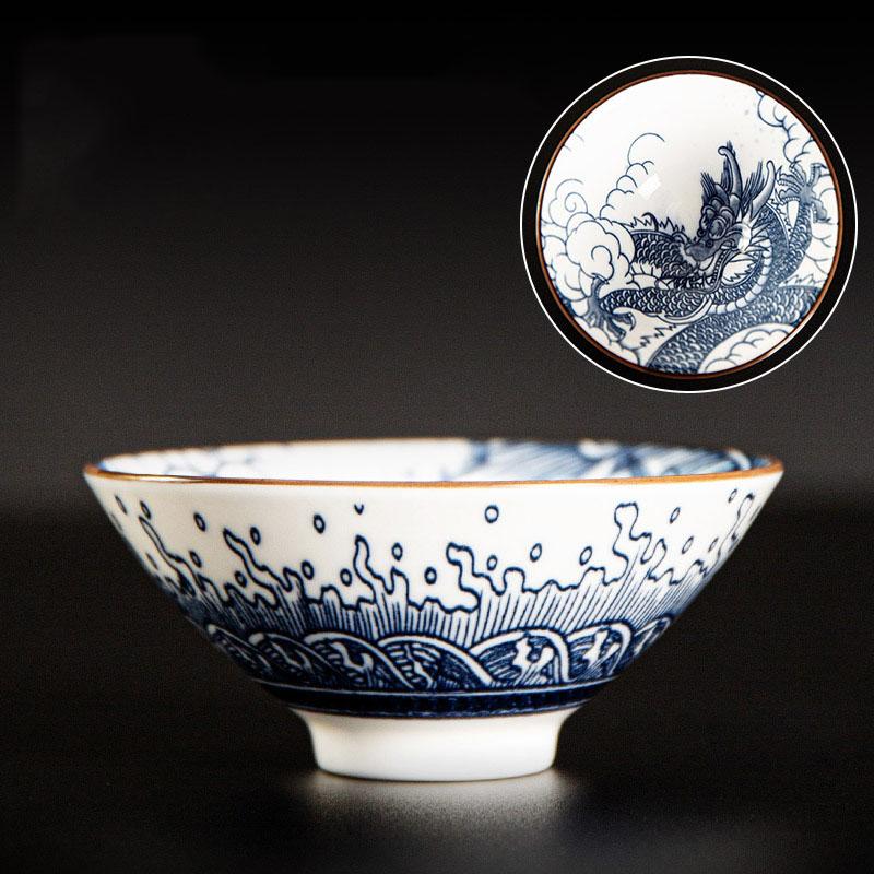 85ml Retro Blue and White Porcelain Cone Teacup Anti Scaling Hand-Painted Ceramic Tea Bowl Travel Meditation Cup Chinese Tea