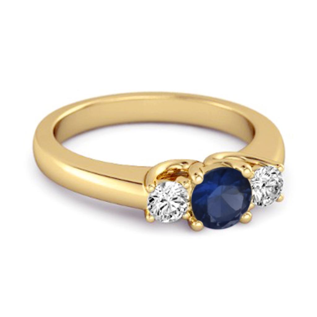 Blue Sapphire Round Three Stone Ring - 925 Sterling Silver Gold Vermeil