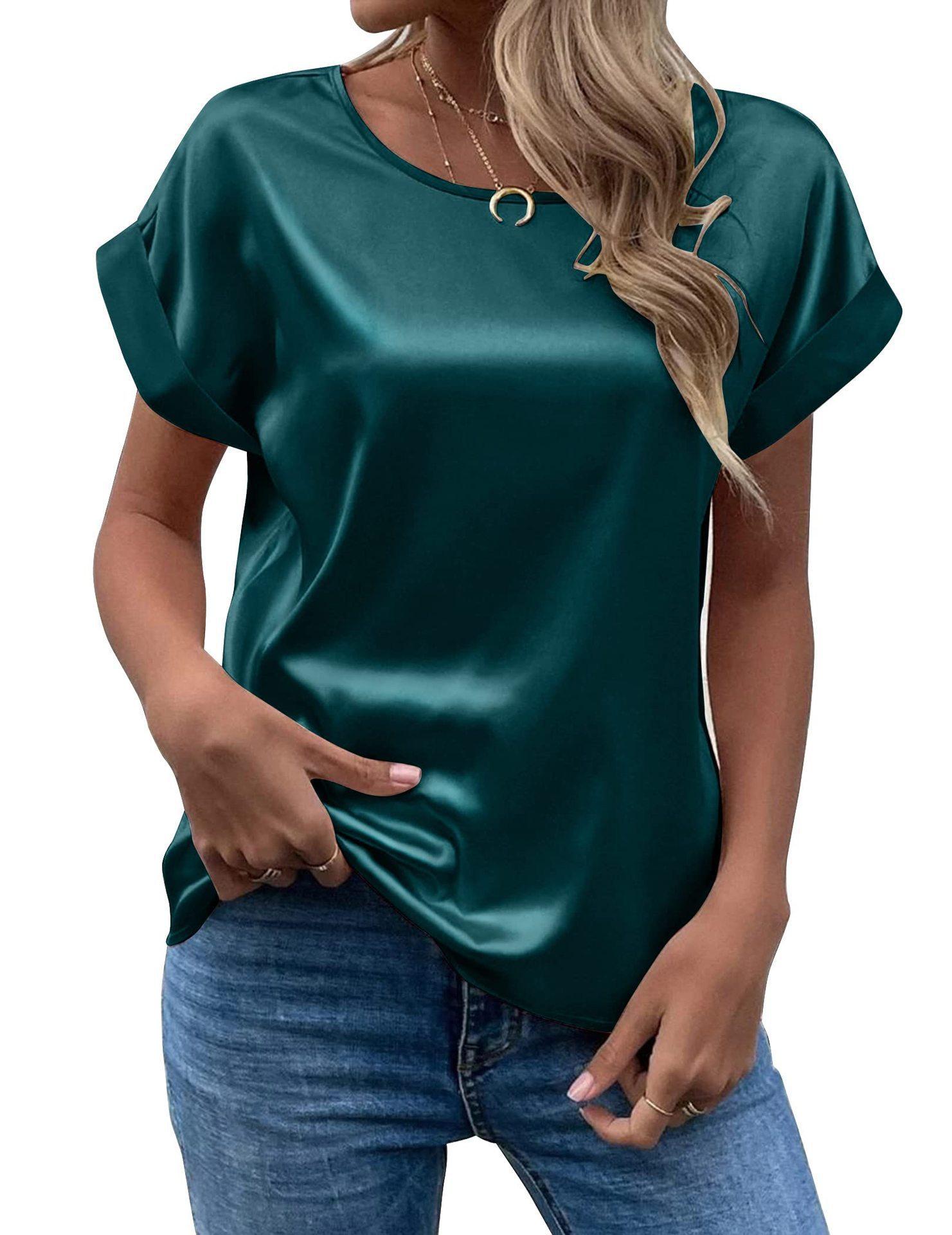 

Summer Women s T-shirt Short-sleeved Satin Shirt Loose Casual Round Neck Satin T-shirt Women s Tops for Spring Summer 2XL темно-зелений колір