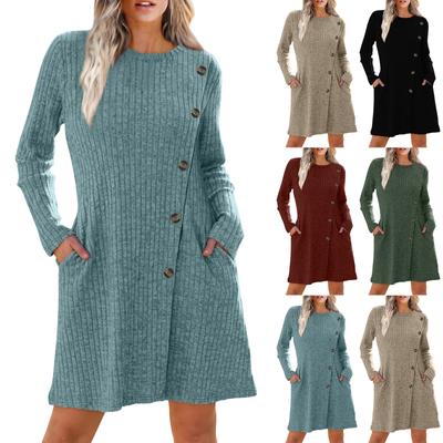 Vestido feminino de manga comprida, vestido suéter amarrado na cintura com bolsos, moderno