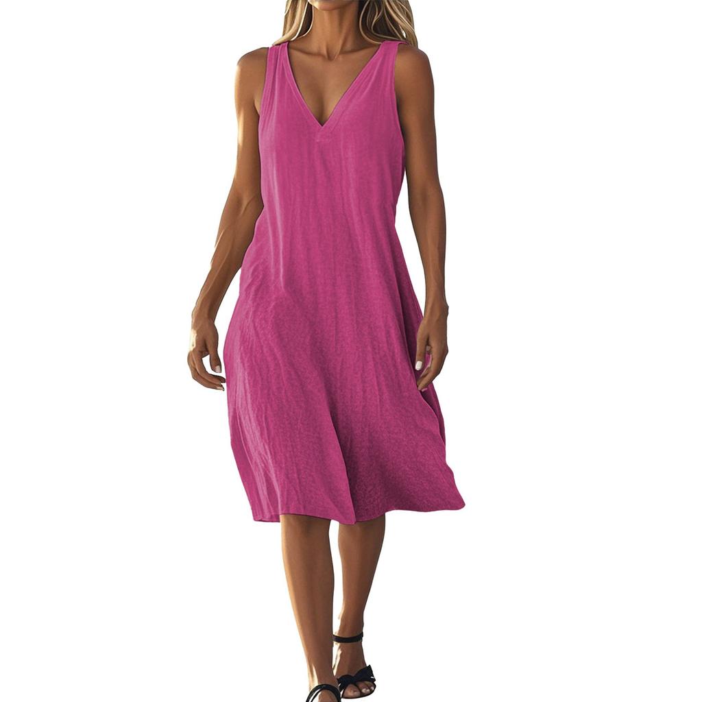 Women's Fashionable Solid Color V Neck Sleeveless Slim Fit Back Zipper Dress