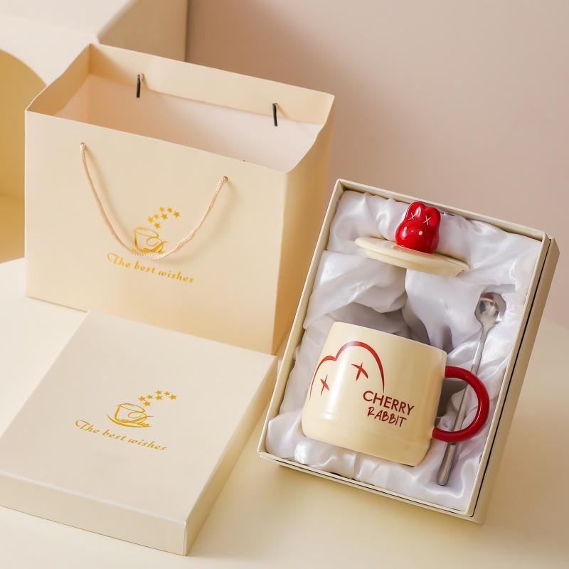 Cartoon cute rabbit ceramic mug household milk cup breakfast cup with lid gift water cup couple coffee cup
