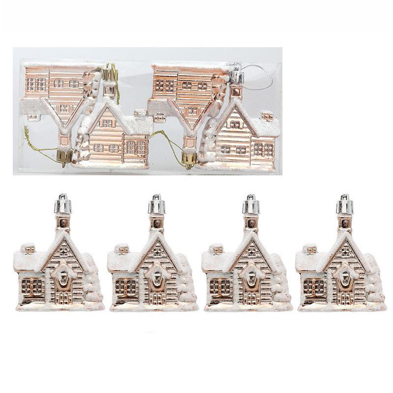 Christmas Supplies Red Gold Snow House Shape Christmas Tree Pendant Home 2025 New Year Decoration Xmas Tree Decors 4PCs/Set