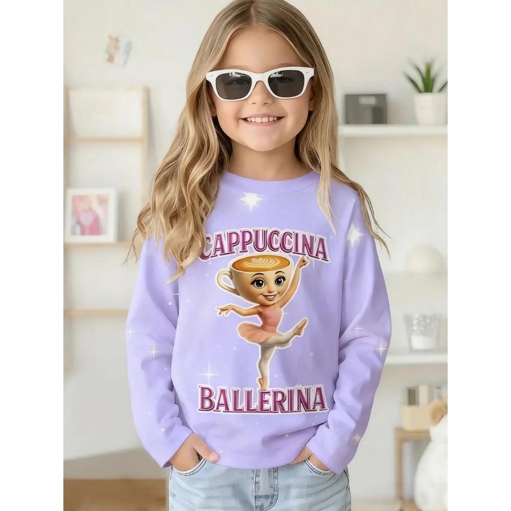 Spring and Autumn Round Neck 3D Cappuccina Ballerina Printed Top Fashionable Casual Long Sleeved Children's Girl T-shirts