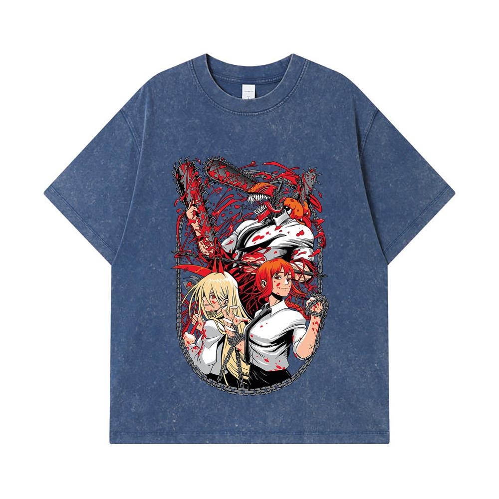 

275 GSM Washed T-shirts 100% Cotton Chainsaw Man V20 Print Unisex Heavy Cotton T Shirt 2XL королівський синій колір