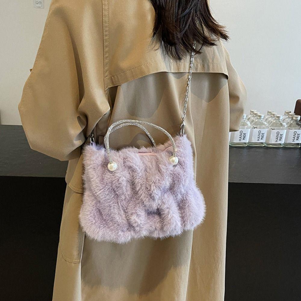 Korean Style Women Plush Shoulder Bag Solid Color Faux Fur Crossbody Bag Travel