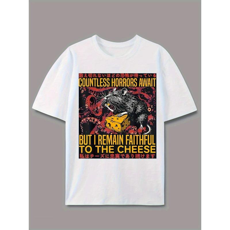 Europäische Größen Maus und Käse Aufdruck Herren Freizeit T-Shirt, Sommer Herren Rundhals Kurzarm T-Shirt