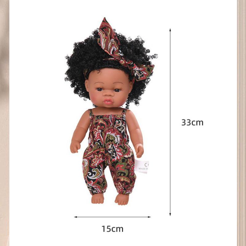 33cm Full Silicone Body Reborn Baby Doll Toys Dark Black Brown Skin Optional Rebirth Doll Lifelike Curly Hair Newborn Doll for Kids Birthday Xmas Gift