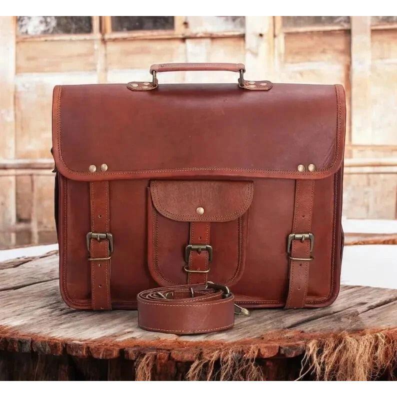 

Винтажная сумка Кожа Натуральная Ноутбук Мессенджер Плечевая Мужская Коричневая Дорожная 18 x 14 x 6 in