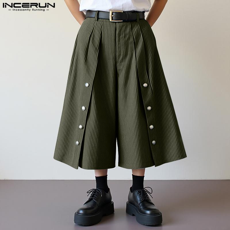 INCERUN Men Capri Casual Loose Wide Leg Buttons Striped Cropped Pants Shorts