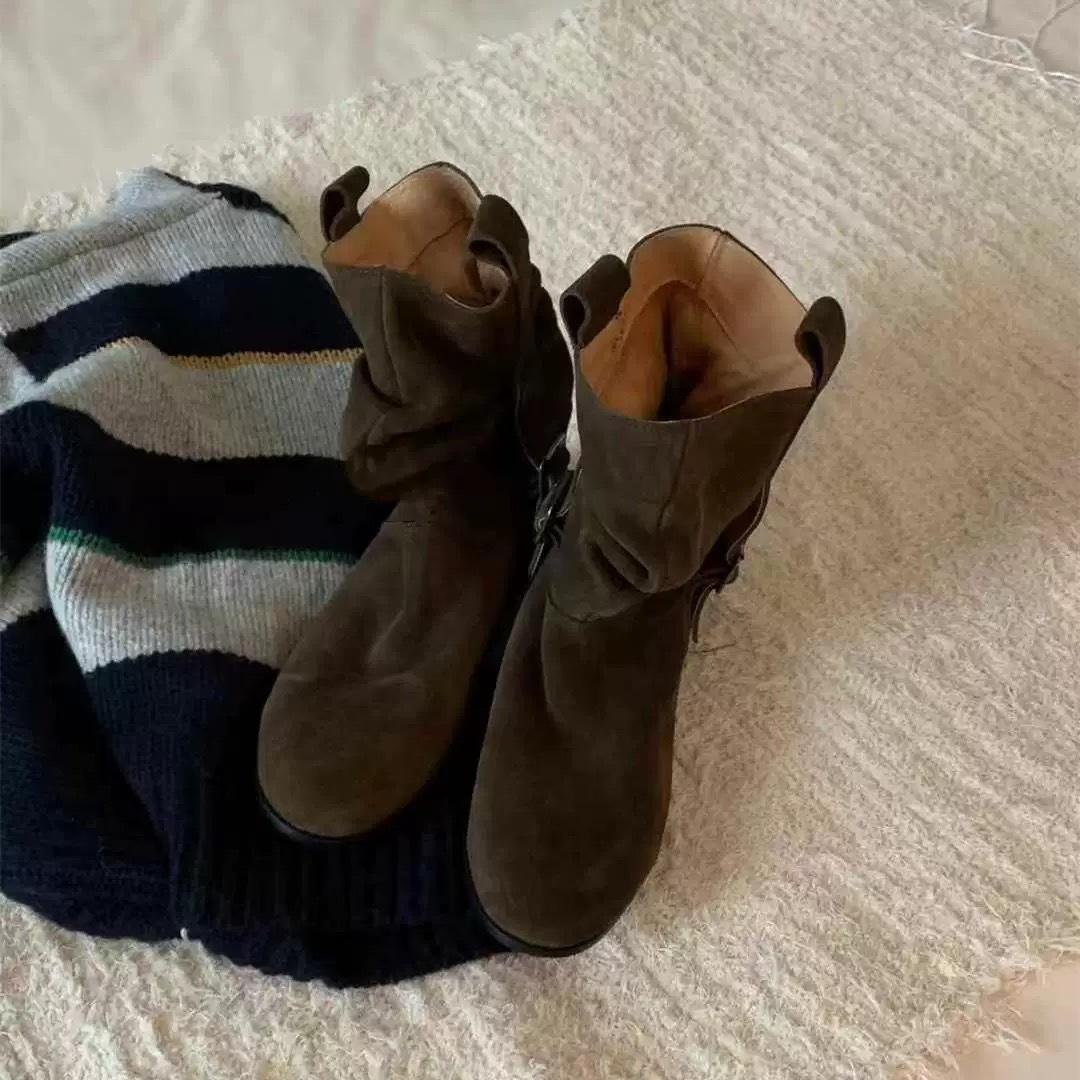 

Версия из овчины~ ретро плиссированные ботинки на ворсе корейская версия нишевые ботильоны Майяра женские ковбойские сапоги в западном стиле сапоги-рыцари 40