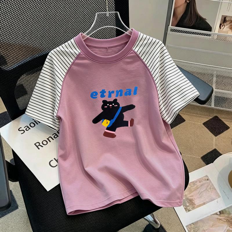 Girls' Trendy Patchwork Striped Cotton T-Shirt - Summer Short-Sleeve Round Neck for Medium & Large Sizes