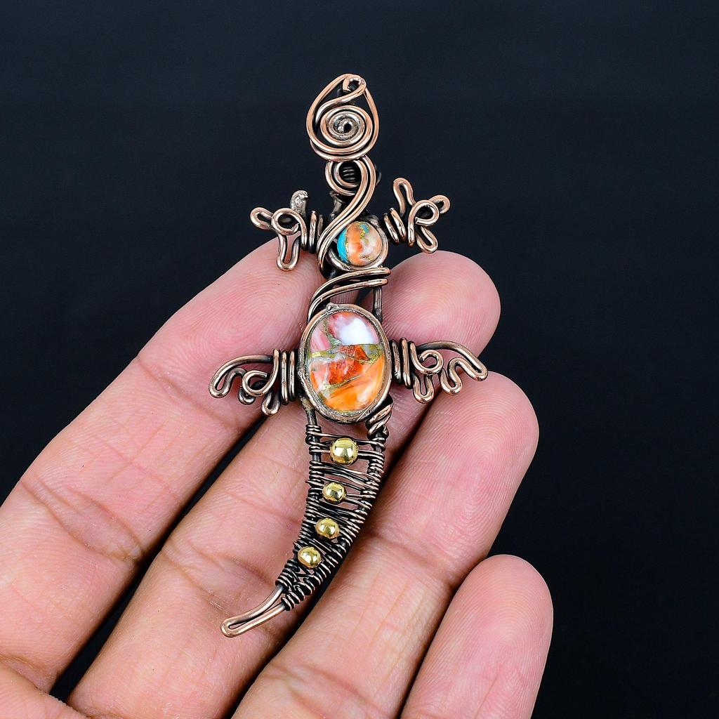 Orange Spiny Oyster Pendant, 999 Copper Wire Wrapped Gemstone Jewelry, Handmade Pendant Amazing Jewelry, Gift For Her