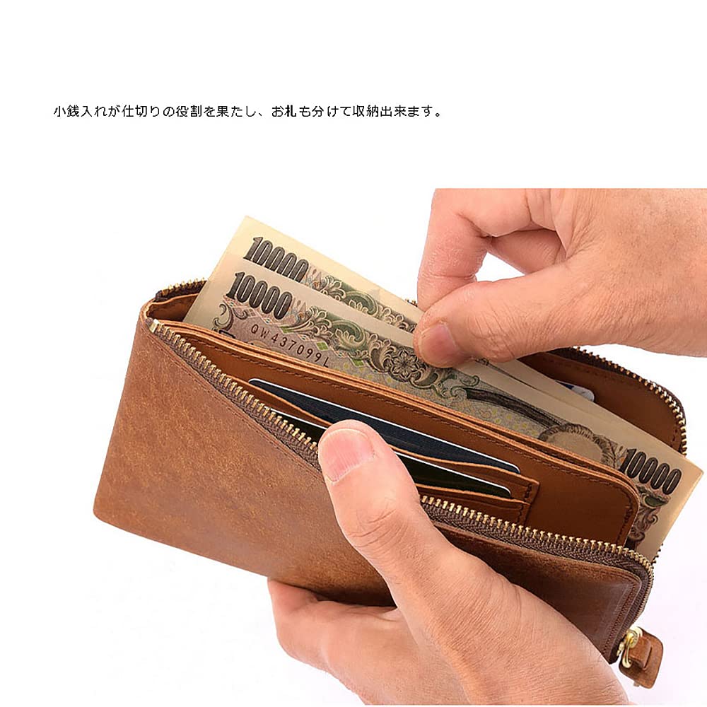 Ikenohata Ginkakuten Italian Pueblo Leather L-Zip Long Wallet (Men's Wallet with Bill Compartment, Coin Purse, Card Slots, Slim Pueblo Leather,