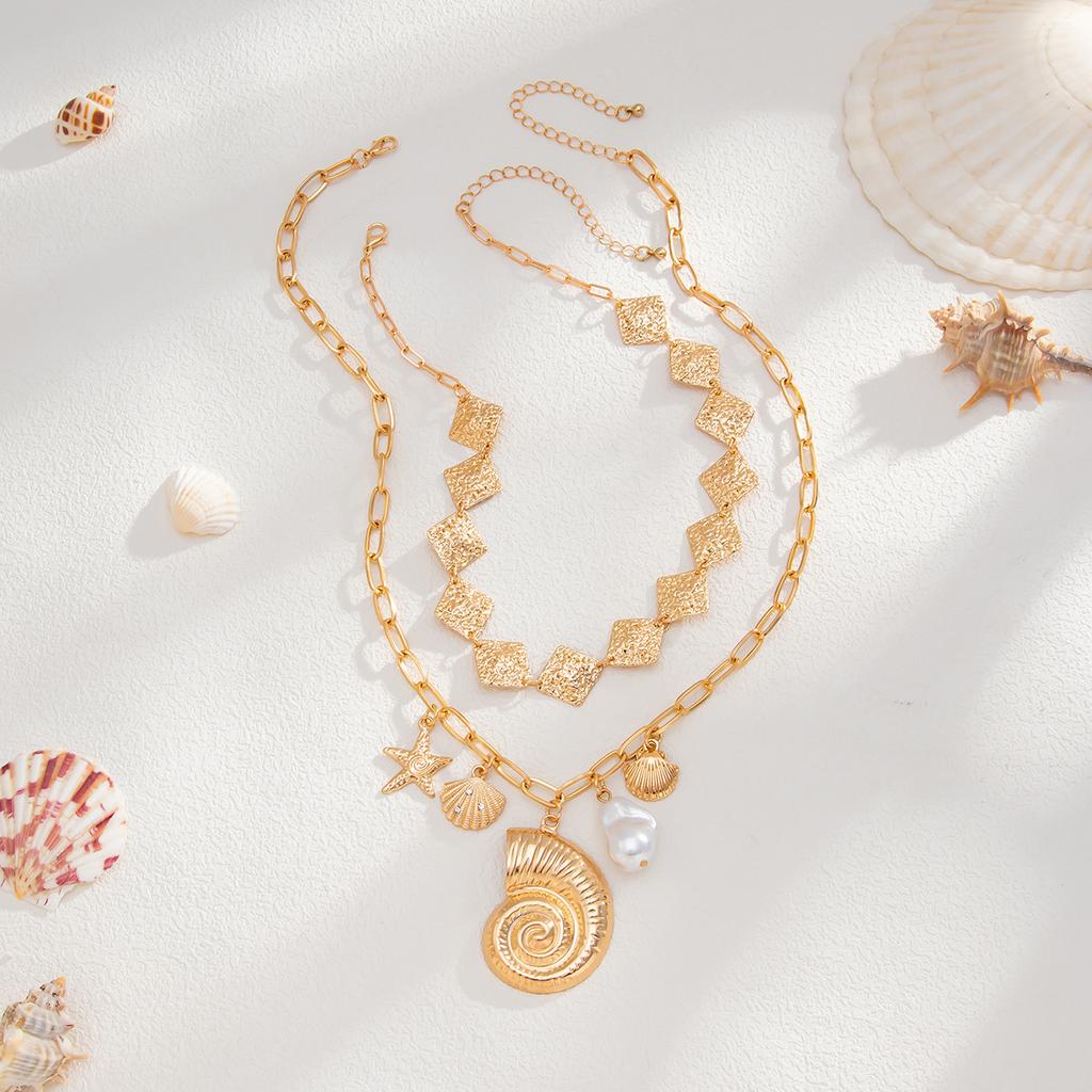 Ocean Wind Starfish Scallop Shell Large Conch Necklace, Fashionable Metal Rhombus Imitation Pearl Necklace