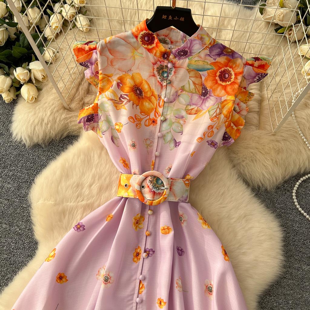 Kleid mit Blumendruck für Damen, Rüschen, fliegende Ärmel, kontrastierende einreihige Kleider, Taillenschnürkleider im Palaststil