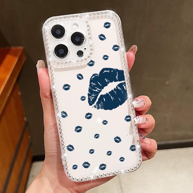 Red Lips Print Phone Clear Anti-Fall Case Shell For iPhone 16 Pro Max 16E 15 14 Pro 13 12 11 Diamond Frame Soft Silicone Shockproof Phone Cover