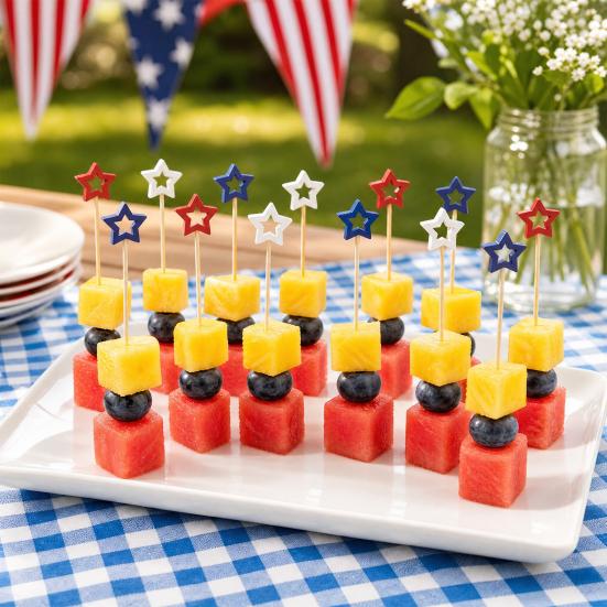100 Stück Bambus-Zahnstocher, Rot Weiß Blau Stern Cocktail-Spieße, 4,7 Zoll Vorspeisen-Spieße für Burger Sandwiches Charcuterie Obst-Snacks, Patriotisch