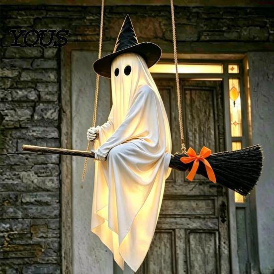 Playful Ghost Face Decoration Halloween Hanging Outdoor Decoration, Spooky LED Light Up Witch Warm Yellow Decor on Broom for Home, Tree, Porch, Patio,