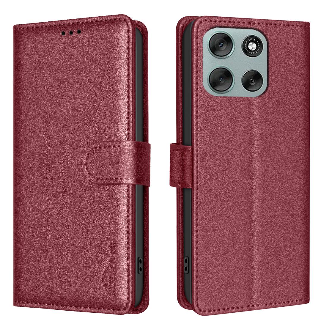 

For Motorola Moto G56 5G Leather Case BINFEN COLOR BF32 Wallet RFID Blocking Phone Cover Red