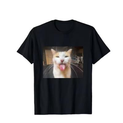 Funny Cat Tongue Out Picture Printed Womens Creative Tshirt Top Summer Round Neck Short Sleeve Womens Casual Clothing