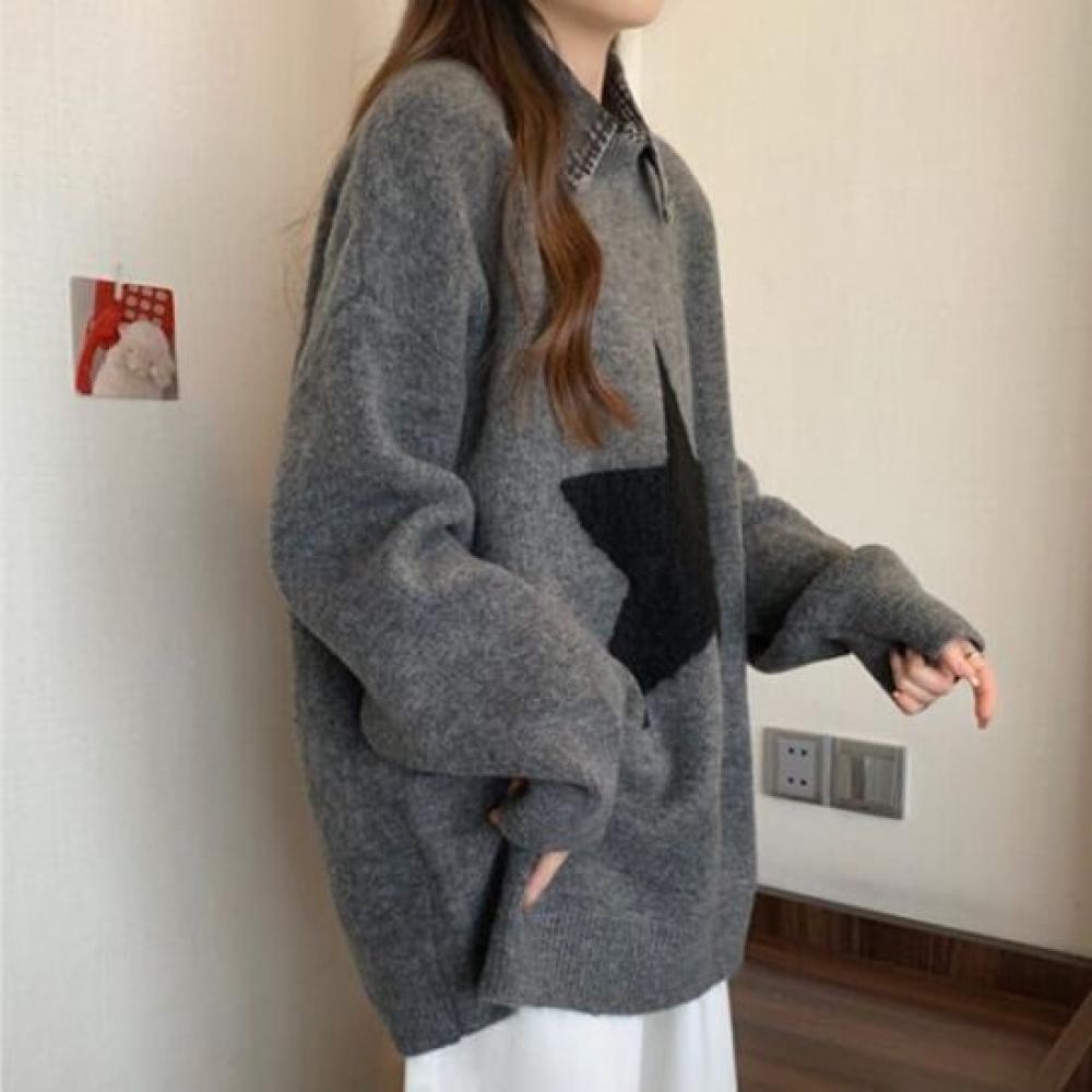 Navava Nk2434 Star Loose Fit Long Sleeve Knit Sweater
