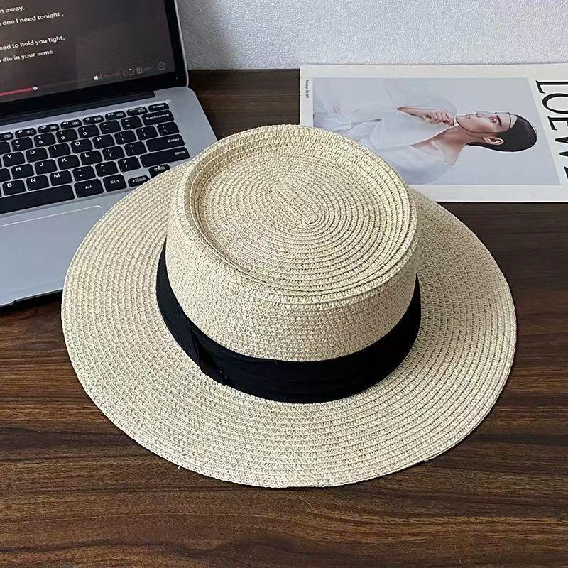 Straw hat seaside beach summer sun hat bow flat top hat sun hat rough edge vacation shade sun protection