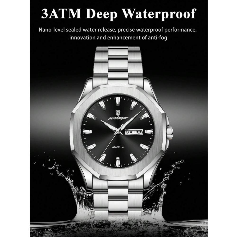 POEDAGAR 1pc Casual Men's Stainless Steel Quartz Wristwatch, Dual Date Display, Business Waterproof Luminous Wristwatch, Men's Gift