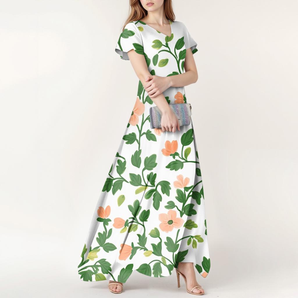 Women's Summer Casual Fashion Floral Print Dress V Neck Short Sleeve Dress