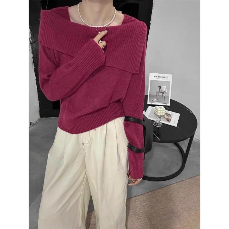 Design sense one-word shoulder thin knitted bottoming shirt women's autumn and winter new fashion solid color inner pullover sweater