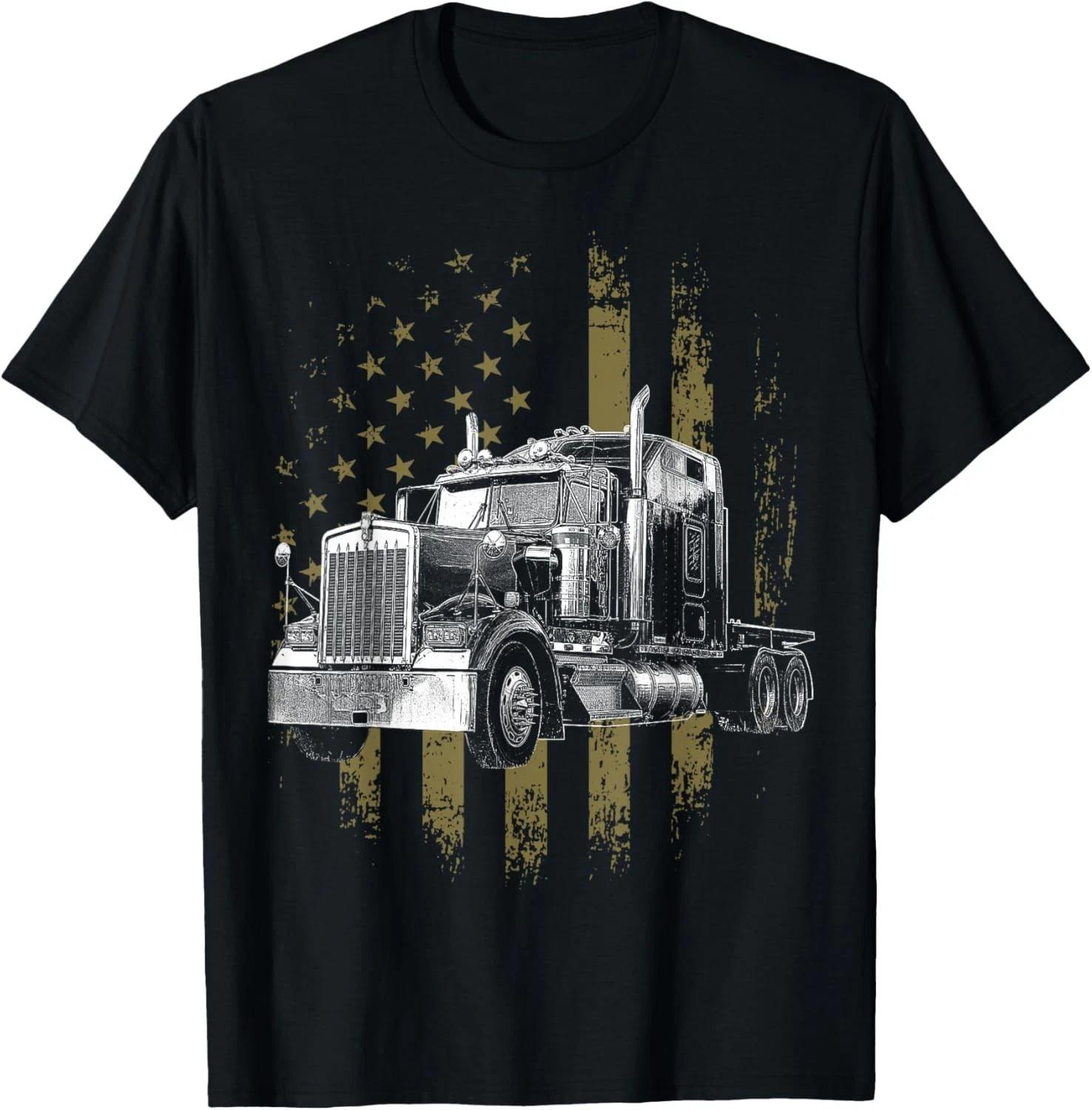 Trucker American Flag Big Rig Semi-Trailer Truck Driver Gift Unisex T-Shirt 4XL