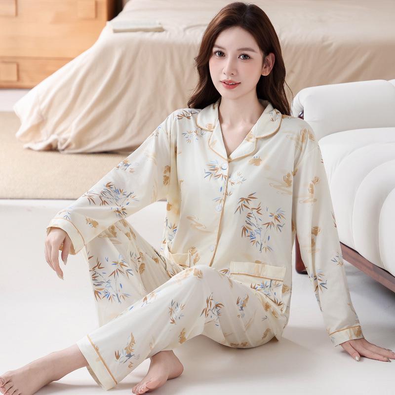 Plus Size Floral Pajama Set: Spring & Autumn, Long Sleeve, Comfortable Japanese Style for Middle-Aged Moms, Indoor/Outdoor Wear