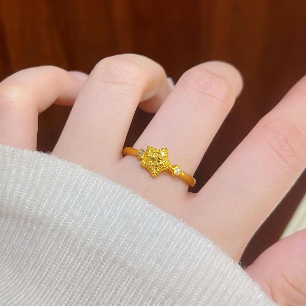 Gold-Plated Sparkly Crushed Ice Star Ring, Adjustable Open Design, Sweet Light Luxury Meilong Jewelry