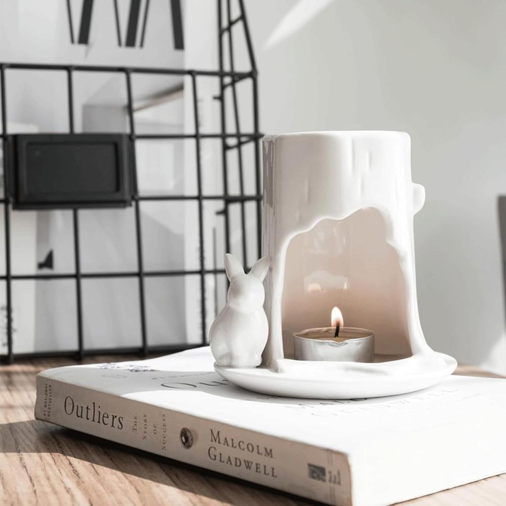 Charming Rabbit Ceramic Oil Burner, Tree Stump Wax Melt Warmer for Aromatherapy, Nordic Style Tealight Holder Home Decor