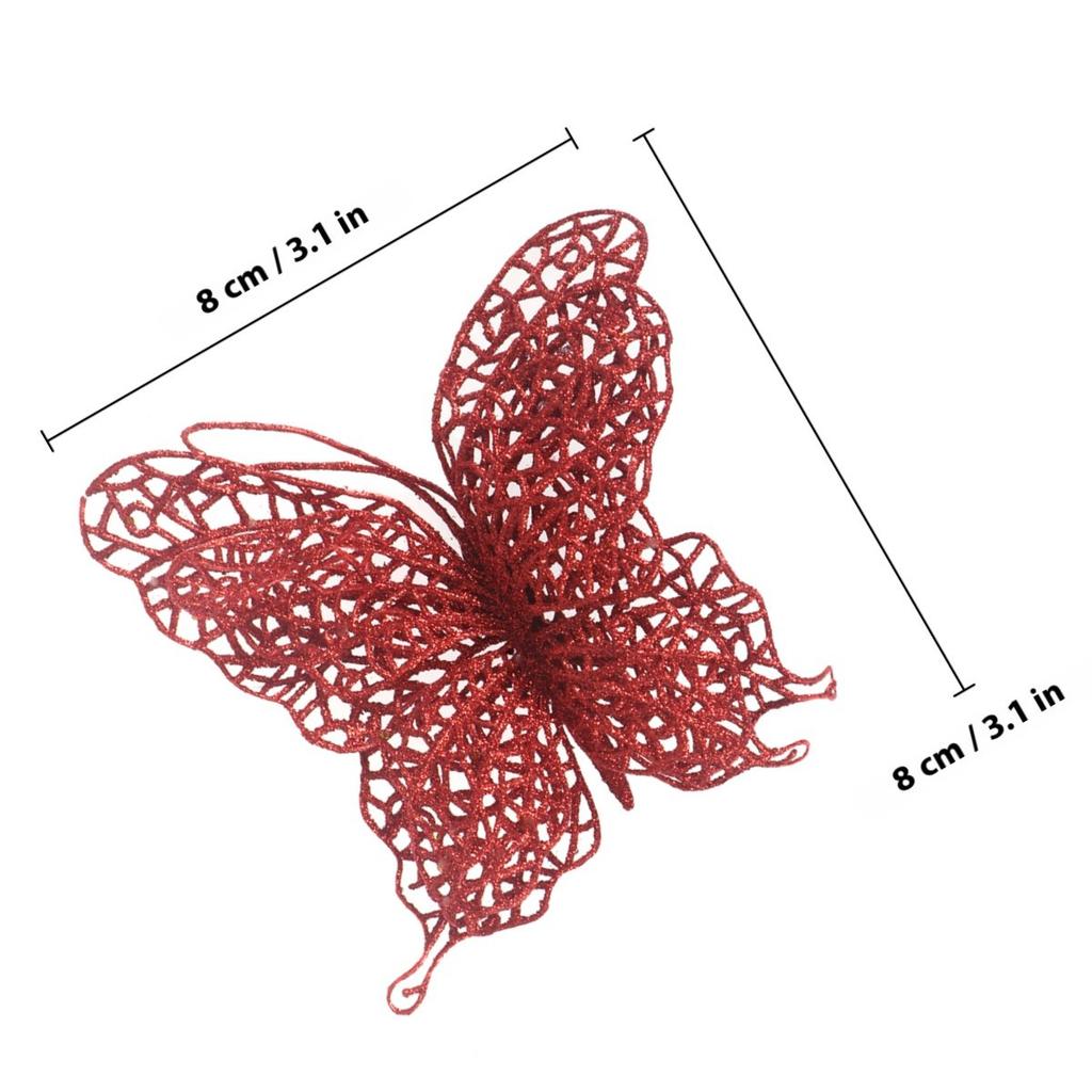 6Pcs 15Cm Red Christmas Butterfly Decorations Festive Sparkling Ornaments for Tree Wreath Wedding Party Home Garden Floral