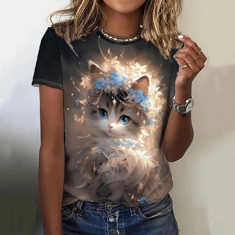 Tricou drăguț cu imprimeu de pisică pentru femei, vară, cu gât rotund, top cu mâneci scurte, ocazional, îmbrăcăminte de dimensiuni mari, Kawaii, animal pentru femei, tricouri