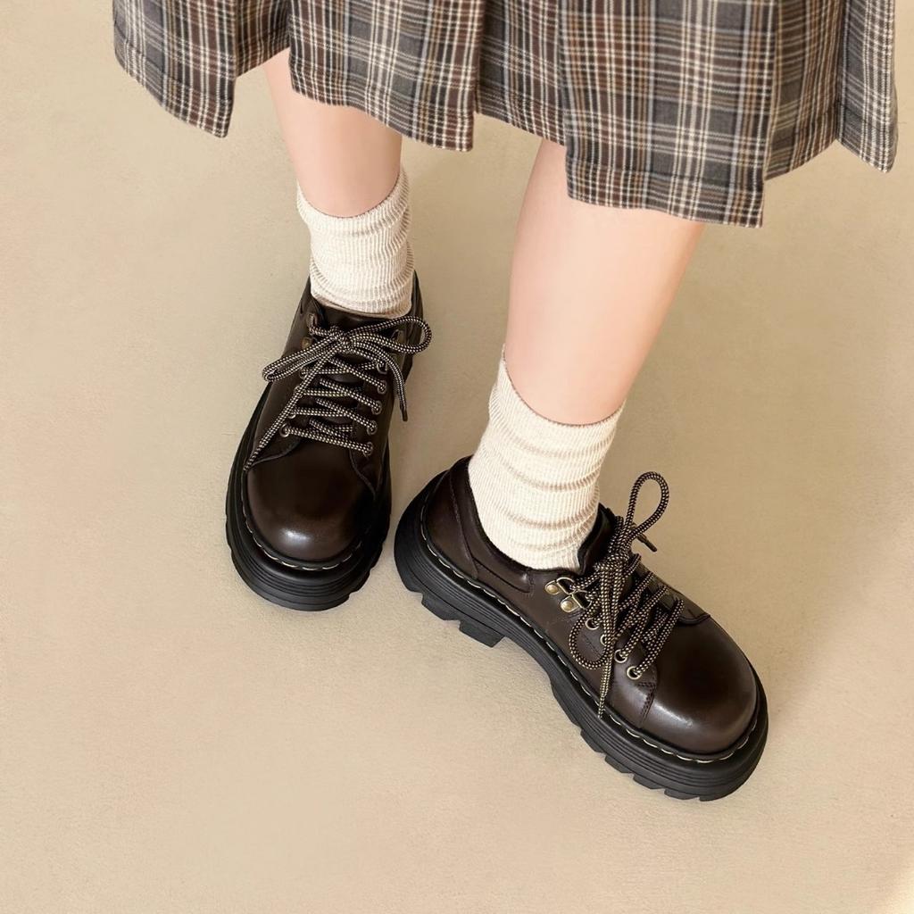 Tide Bunan thick-soled short-faced Martin small leather shoes women's low-top medieval muffin tooling retro heightening comfortable big head shoes