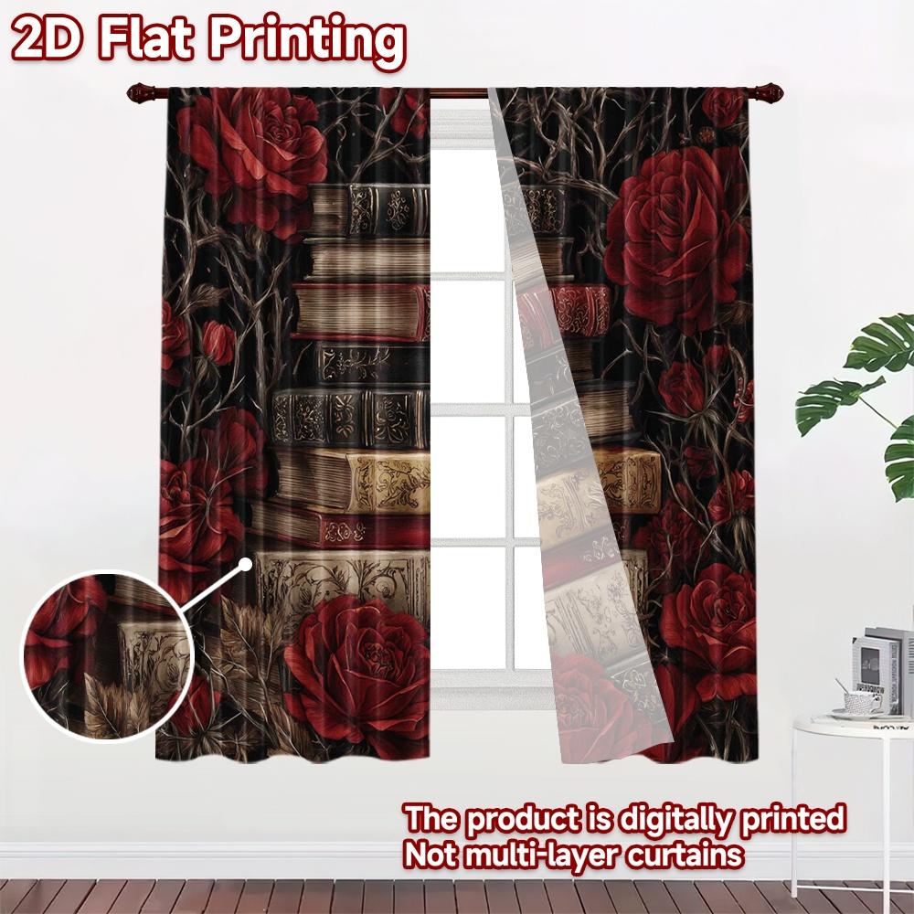 2D Flat Printing 2pcs Curtain Scene Curtains Gothic Roses and Books(1) Digital Printed Polyester Drapes Birthday Party for