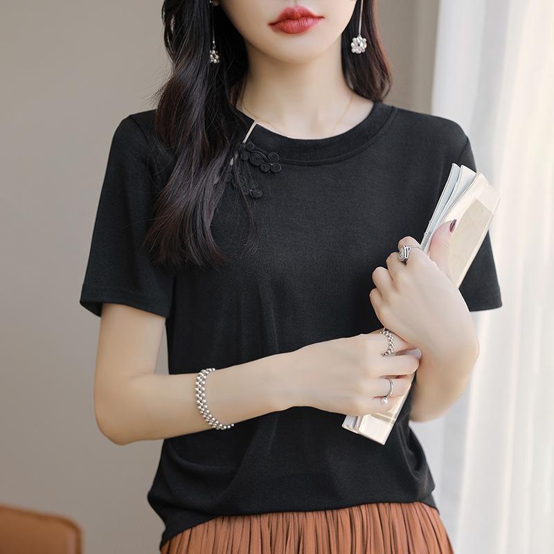 Chinese Style Modified Round Neck Thin Sweater Short-sleeved Women's National Trend Tandem Ice Silk Slit Top Fashionable Versatile T-shirt