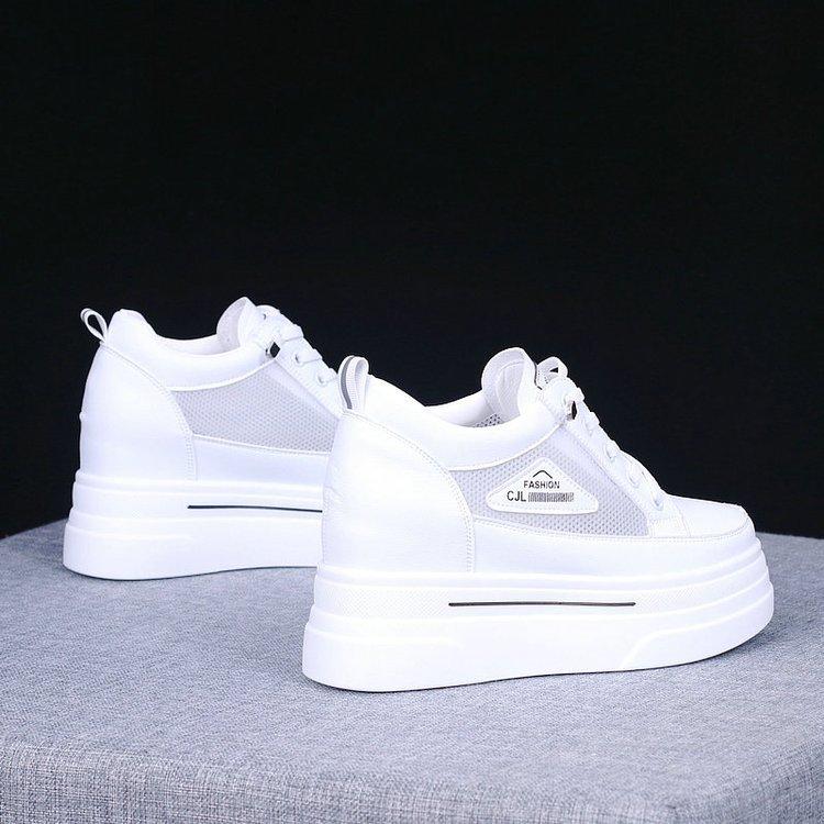 2025 summer little white shoes thin women's shoes inner height increase 8cm mesh breathable hollow casual sports net shoes ins tide