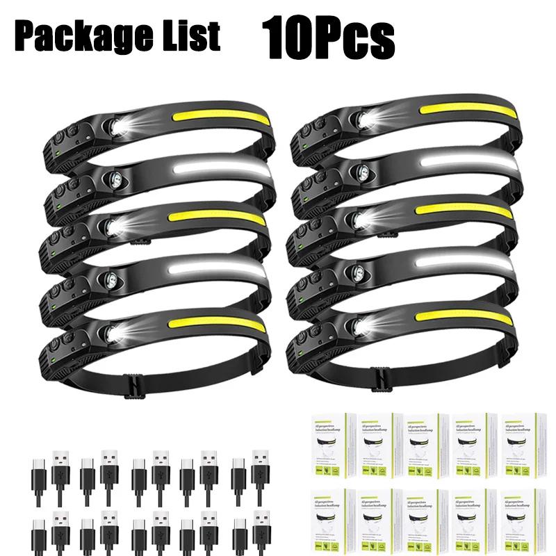 Sensor Headlamp USB Rechargeable LED Flashlight XPE+COB Torch Camping Waterproof Headlight for Fishing Lantern 1/2/3/4/5/8/10PCS