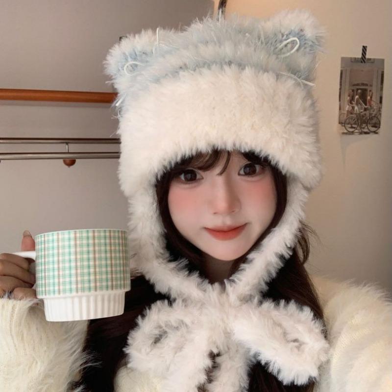 Hat Women's New Autumn and Winter Cute Plush Cat Ears Hat Warm Ear Protection Big Head Circumference Tide