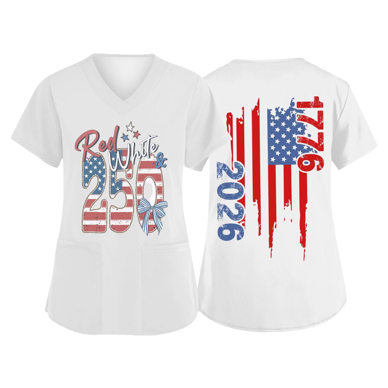 

Women V Neck Short Sleeve Work Top with Pockets 250th Anniversary Printed Scrub Shirt for Healthcare Workers XL білий