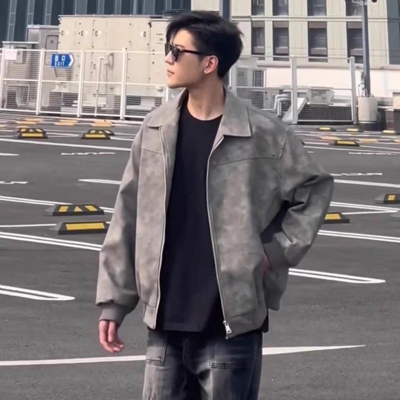 Spring new Maillard retro old brown suede jacket locomotive jacket trendy men's and women's high-end short coat