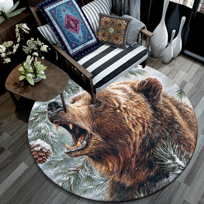 Grizzly Bear Round Area Rug,Carpet Rug for Living Room Bedroom Sofa Playroom Decor,Non-slip Floor Mat